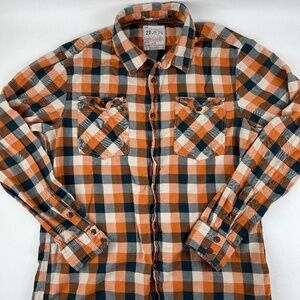 21 Men Button Up Shirt Mens Large Fitted Orange Plaid